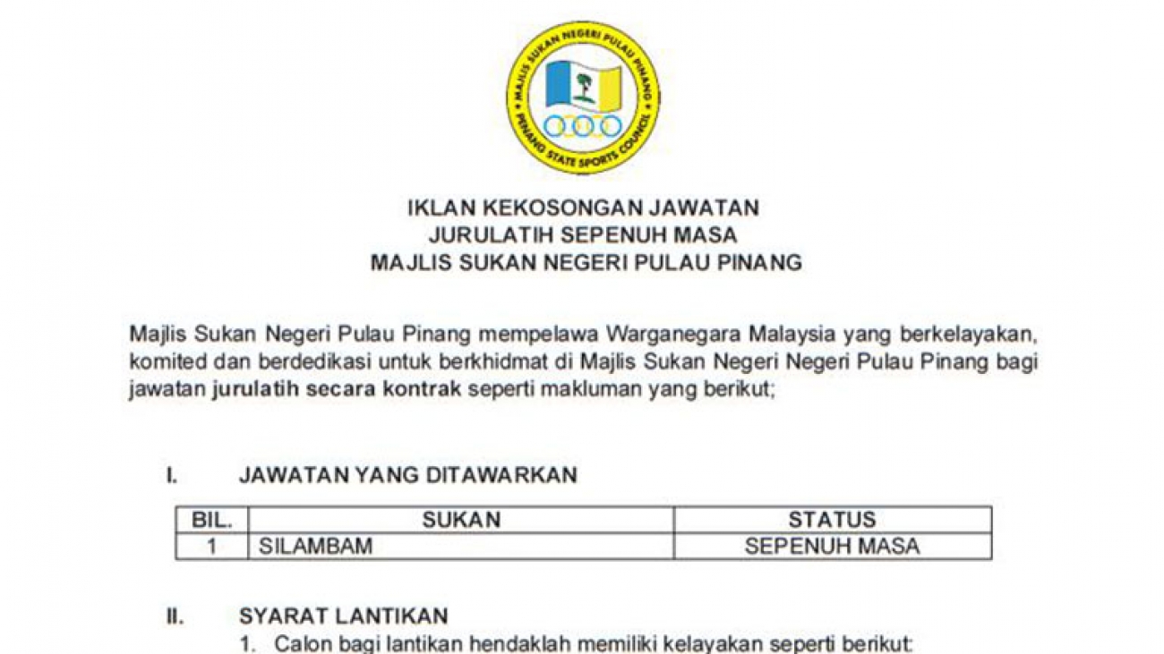 Jawatan Kosong Jurulatih Sepenuh Masa Di Majlis Sukan Negeri Pulau Pinang