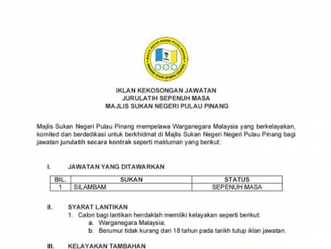 Jawatan Kosong Jurulatih Sepenuh Masa Di Majlis Sukan Negeri Pulau Pinang