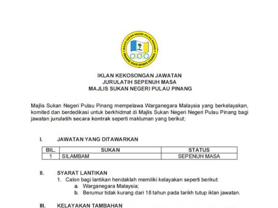 Jawatan Kosong Jurulatih Sepenuh Masa Di Majlis Sukan Negeri Pulau Pinang