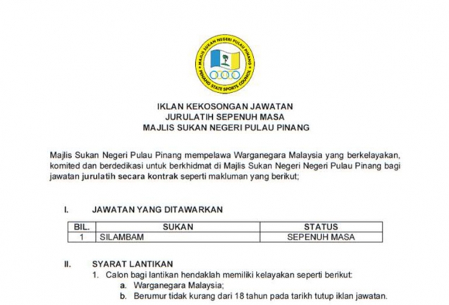 Jawatan Kosong Jurulatih Sepenuh Masa Di Majlis Sukan Negeri Pulau Pinang