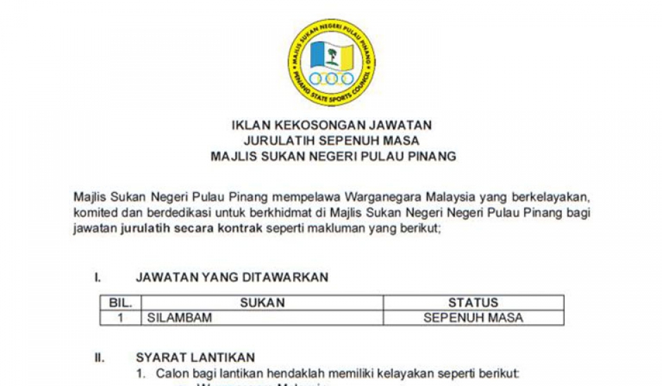 Jawatan Kosong Jurulatih Sepenuh Masa Di Majlis Sukan Negeri Pulau Pinang