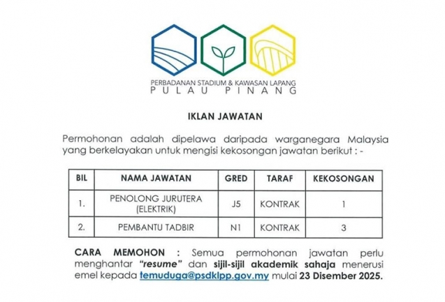 Jawatan Kosong di Perbadanan Stadium dan Kawasan Lapang (PSDKL) Pulau Pinang