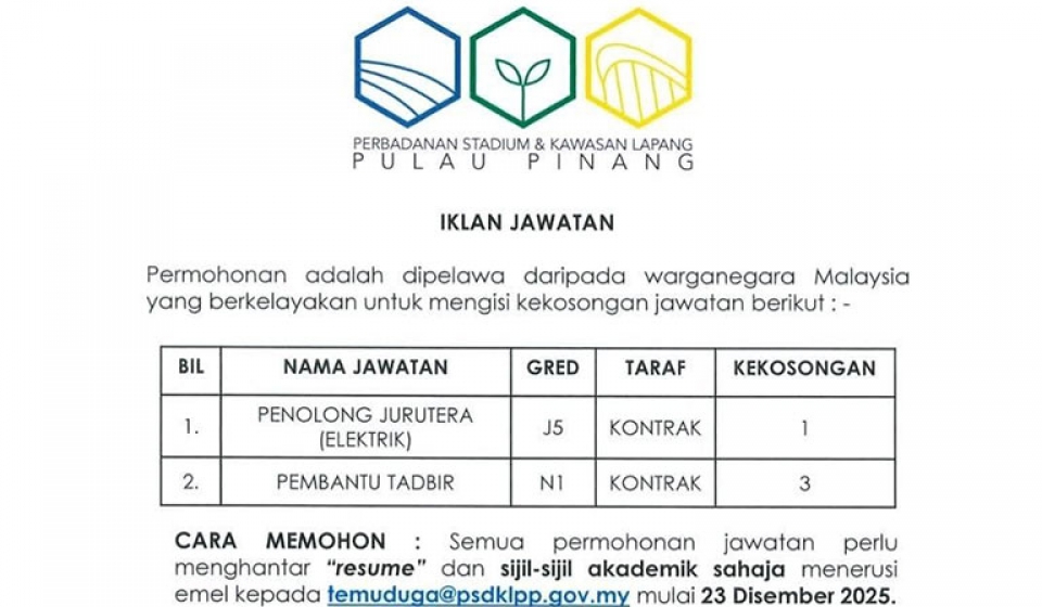 Jawatan Kosong di Perbadanan Stadium dan Kawasan Lapang (PSDKL) Pulau Pinang