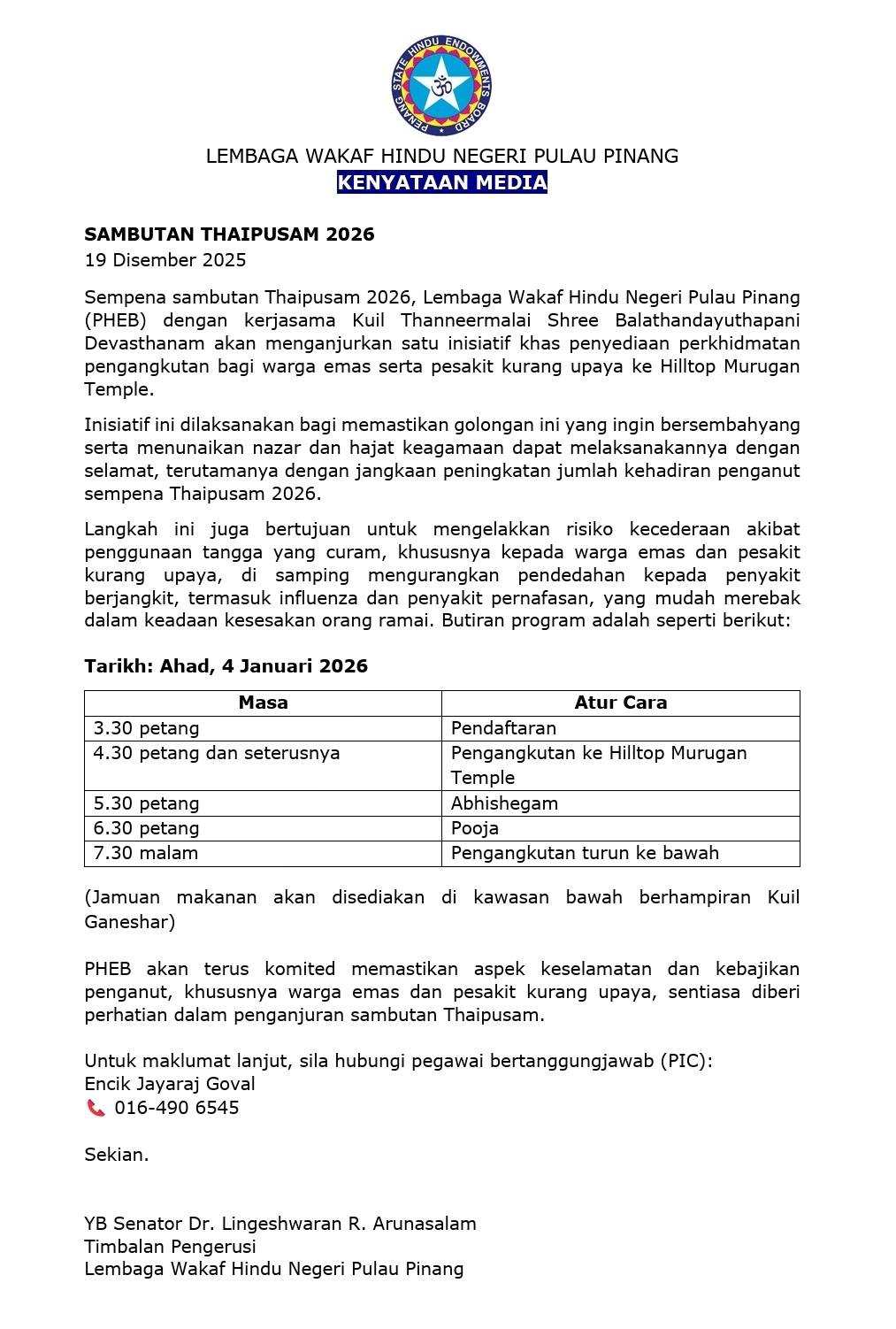 Perkhidmatan Pengangkutan Bagi Warga Emas Serta Pesakit Kurang Upaya Sempena Thaipusam 2026