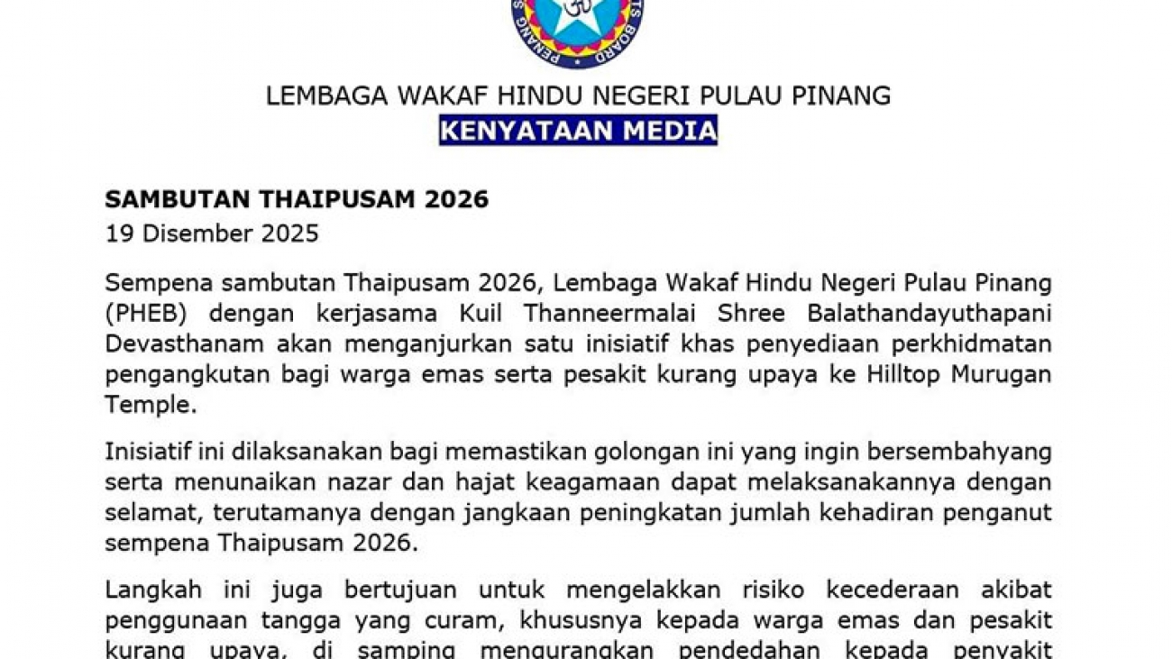 Perkhidmatan Pengangkutan Bagi Warga Emas Serta Pesakit Kurang Upaya Sempena Thaipusam 2026