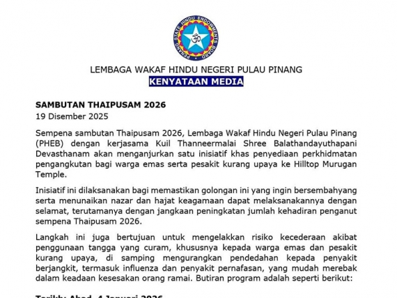 Perkhidmatan Pengangkutan Bagi Warga Emas Serta Pesakit Kurang Upaya Sempena Thaipusam 2026