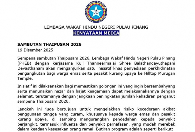 Perkhidmatan Pengangkutan Bagi Warga Emas Serta Pesakit Kurang Upaya Sempena Thaipusam 2026