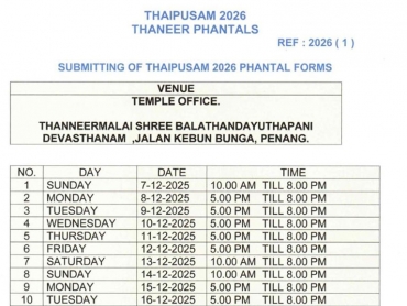 Thaipusam 2026 Thaneer Phantals Form Submission