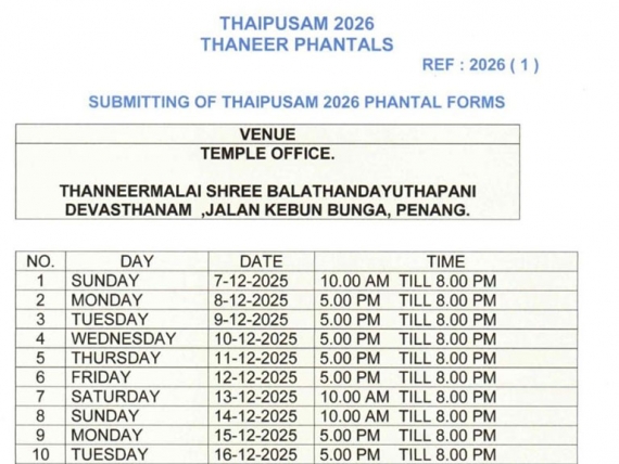 Thaipusam 2026 Thaneer Phantals Form Submission