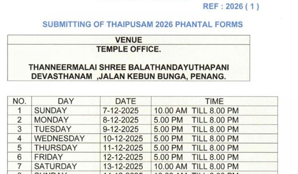 Thaipusam 2026 Thaneer Phantals Form Submission